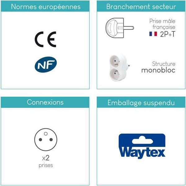Pakke med 3 Multistik - WAYTEX - Monobloc 2 Hun stik Schuko - 16A - Børnesikring - Indendørs