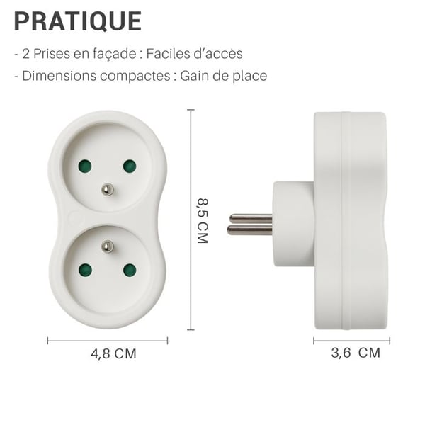 Pakke med 3 Multistik - WAYTEX - Monobloc 2 Hun stik Schuko - 16A - Børnesikring - Indendørs