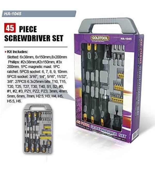Nyckel- och skruvmejselset - OEM - GT-1045 - 45 delar - Magnetisk - Torx
