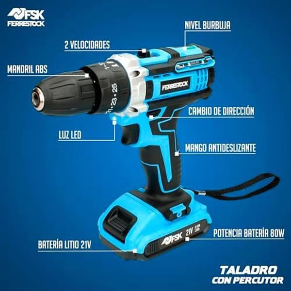 Slagborr - FERRESTOCK - 21V modell - Li-ion batteri - 25 tillbehör - 2 hastigheter