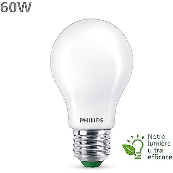 Ultraeffektiv klasse A LED-pære - PHILIPS - 60W - E27 base - Varm hvid 2700K - Frosted - Glas