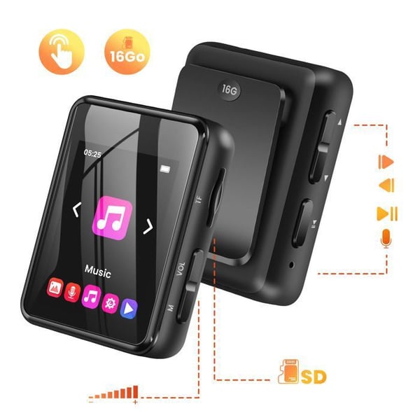 MP3-spelare med Clip 16 GB Musik och Video 2'' Skärm med Bluetooth Avizar Svart