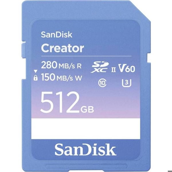 SanDisk Creator SDXC-kort 512 GB Klass 10, v60 Videohastighetsklass, UHS-II U3 Skrivskyddswitch