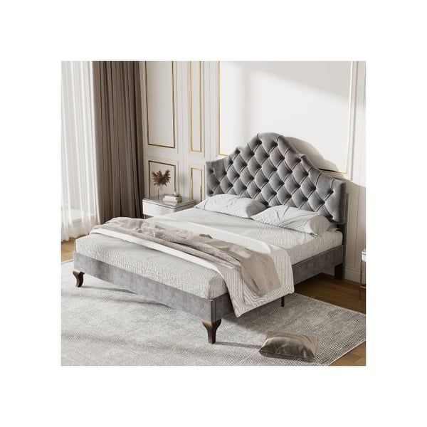 Polstret seng - MUVOE - 140x200 cm - Justerbar hovedgærde - Grå velour - 2 personer