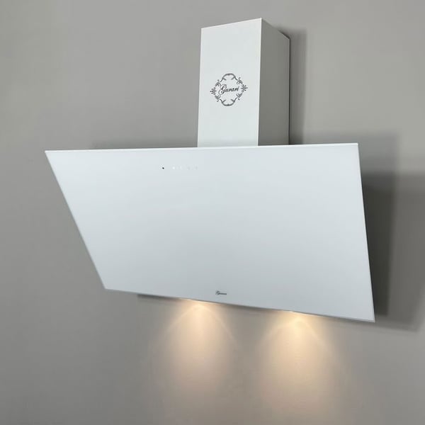Köksfläkt 80 cm GURARI GCH 286 WH 8 Vit glas•Väggmonterad lutande 1000m³/h•Utsug/Återvinning•TouchControl+Fjärrkontroll
