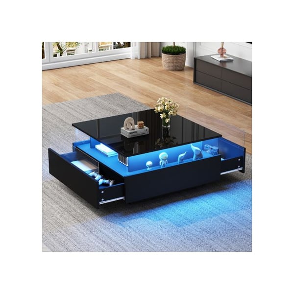 Moderne og skinnende LED-bord, 70*70*41cm, med 2 skuffer og en gennemsigtig displayoverflade - belastningskapacitet på 30kg