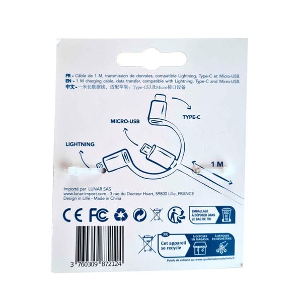 Laddkabel - YELLO KOKO - Platt 3 A - 1m - USB, microUSB, USB-C, Lightning - Vit/Röd