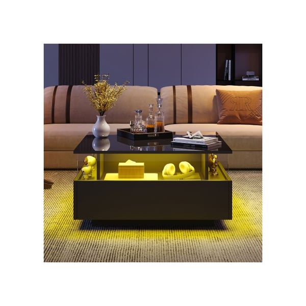 Moderne og skinnende LED-bord, 70*70*41cm, med 2 skuffer og en gennemsigtig displayoverflade - belastningskapacitet på 30kg
