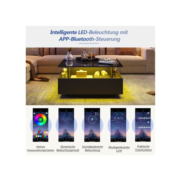 Moderne og skinnende LED-bord, 70*70*41cm, med 2 skuffer og en gennemsigtig displayoverflade - belastningskapacitet på 30kg