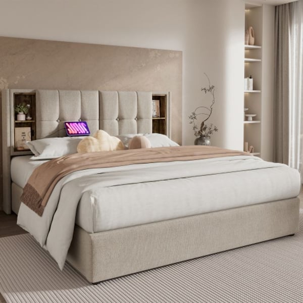Polstret seng - MUVOE - 140x200cm - Trådløs opladning - Opbevaringsplads - 2 personer
