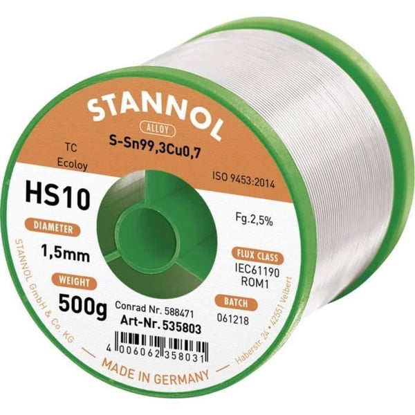 Lödtenn - STANNOL - HS10 2510 - Blyfritt legering - 500 g - 1.5 mm