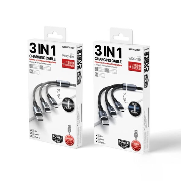 3-i-1 anslutningskabel - WEKOME - WDC-119 - USB-A till Lightning, USB-C, Micro USB - 1,2 m - Silver