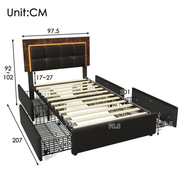 Sengekarm - MUVOE - 90x200 cm - LED - 4 skuffer - Sort PU