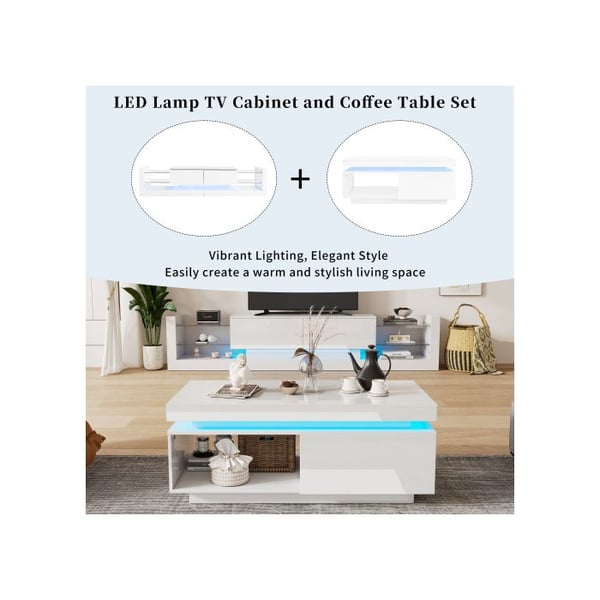 TV-møbel + Sofabord - MUVOE - Væghængt Sæt - Blank Finish - LED-belysning - Kompakte Dimensioner
