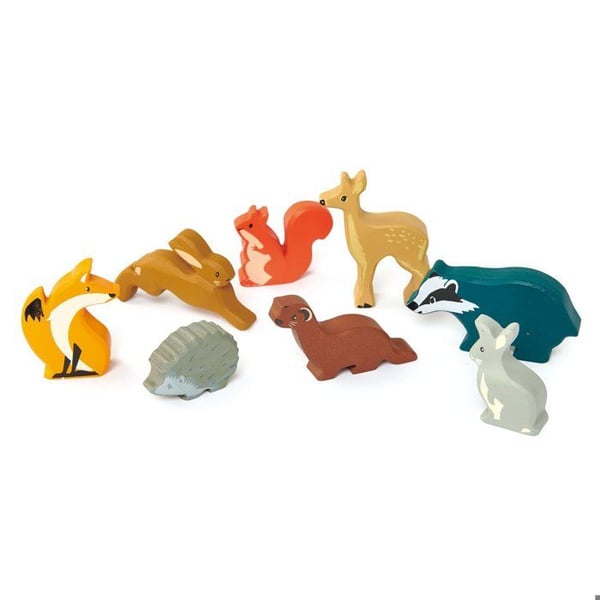 Sæt af trædyr - TENDER LEAF TOYS - TL8470 - 8 dyr - Hylde inkluderet - Skovmotiv
