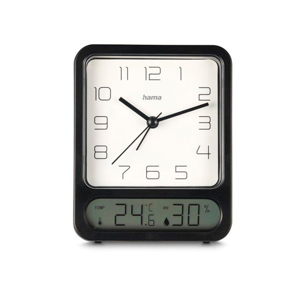 Väckarklocka "Pag", med termometer/hygrometer, utan tick-tack, svart