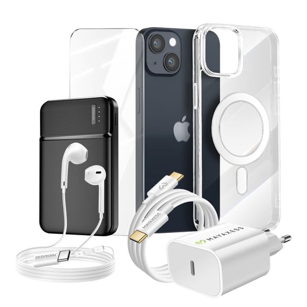 Komplett paket för iPhone 14 Fodral, Glas, Laddare, Extern batteri, hörlurar (6 delar) Mayaxess Transparent