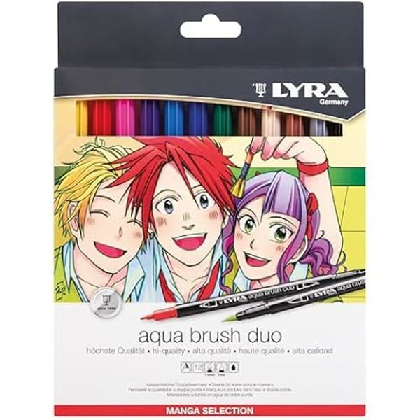 LYRA Aqua Brush Duo - Etui med 12 assorterade dubbelspetsiga filtpennor - Mangaurval