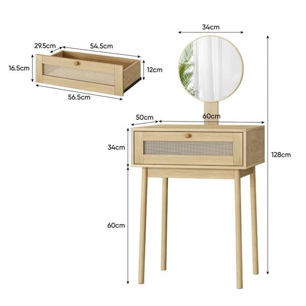 Rattan kommode med spejl, kompakt kommode til soveværelset
