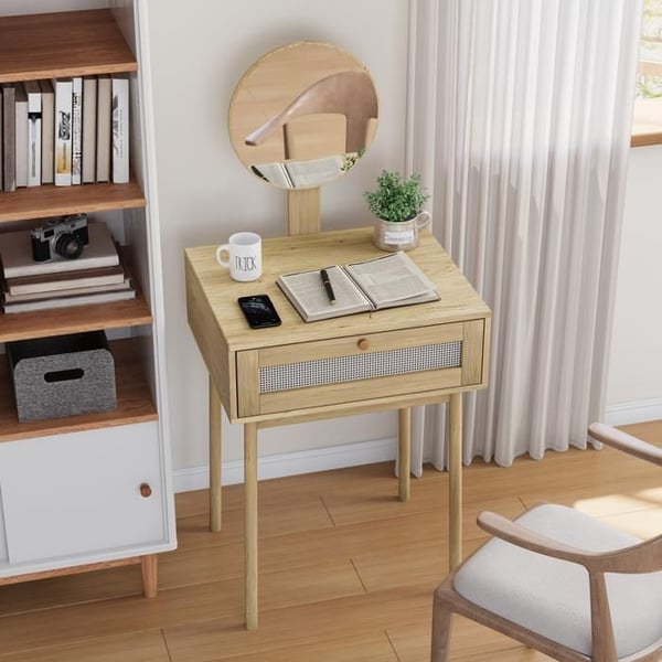 Rattan kommode med spejl, kompakt kommode til soveværelset
