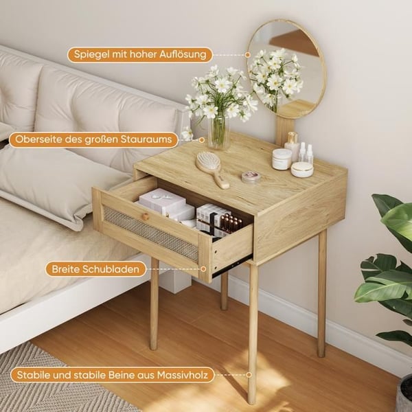Rattan kommode med spejl, kompakt kommode til soveværelset