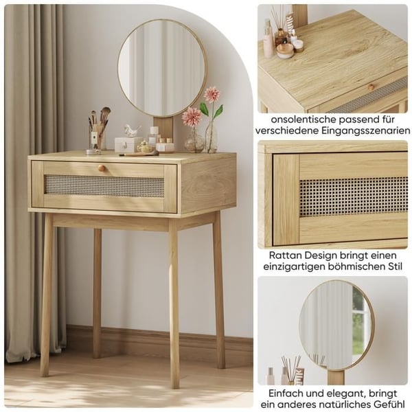 Rattan kommode med spejl, kompakt kommode til soveværelset