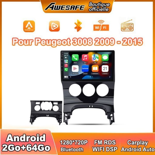 AWESAFE Android 13 bilradio för Peugeot 3008 (2009-2016) 2Go+64Go med 9'' pekskärm Carplay Android Auto GPS WiFi