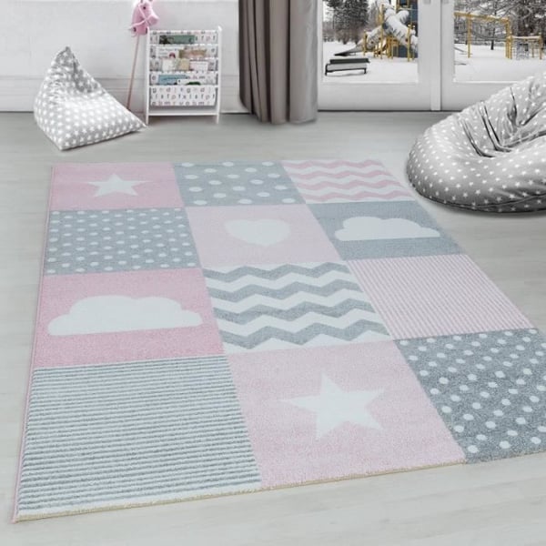 Matta - Ayyildiz - Barnrum - Molnstjärnor - Grå Rosa Vit - 120x120 cm rund