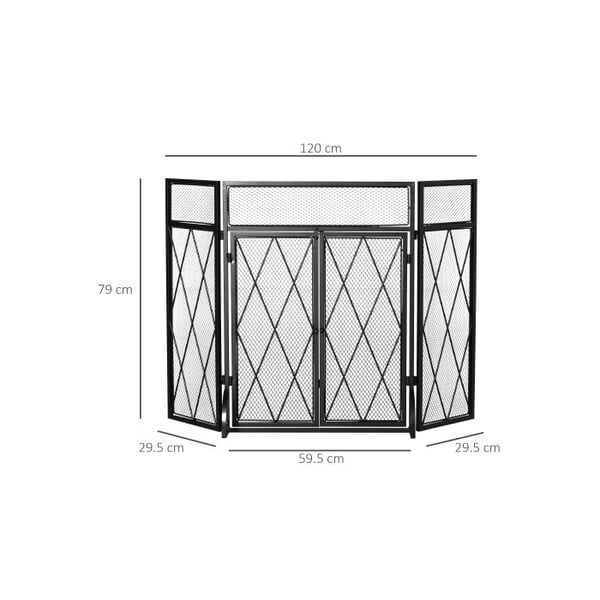 HOMCOM 3-delars gnistskydd för eldstad i smidesjärn svart 120 x 79 cm, elegant design för en säker eldstad
