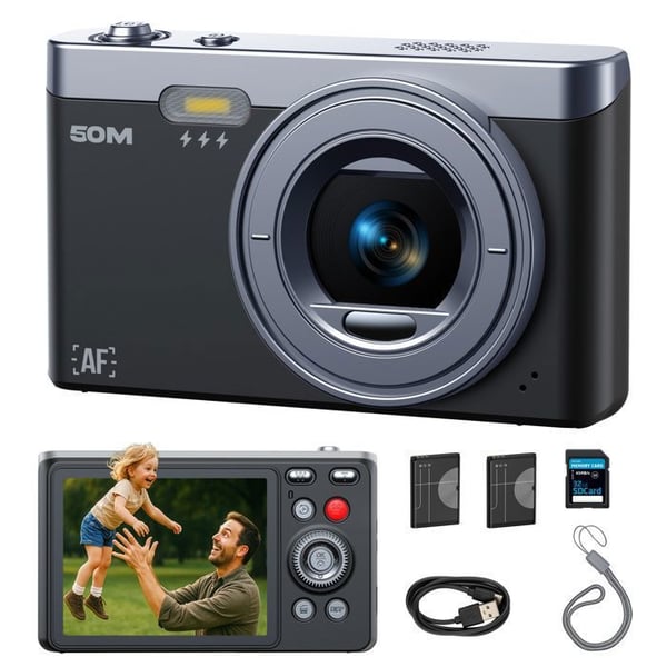 Kompakt Digitalkamera 4K 64MP Videokamera - 2,4" LCD-skärm - 18X zoom - Kamera för barn, tonåringar - Svart