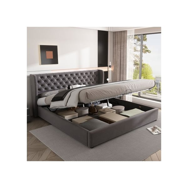 Dobbelt seng - MUVOE - 180x200 cm - Grå velourstof - Opbevaringskiste - Chesterfield design