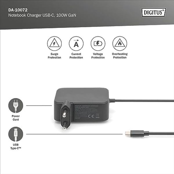USB-C Laptop Oplader - DIGITUS - 100W GaN - Hurtig opladning - Kabel inkluderet