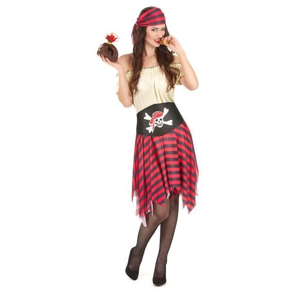 Kvinnlig Piratkostym - Röd Svart Ljusgul - 100% Polyester