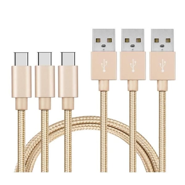 Lot 3 Kablar för ASUS Zenfone 6 ZS630KL, 5ZE2018 ZE620KL, 5Z ZS620KL, 3 ZOOM S ZE553KL - USB-C Kabel Nylon Flätad Guld [Phonillio®]