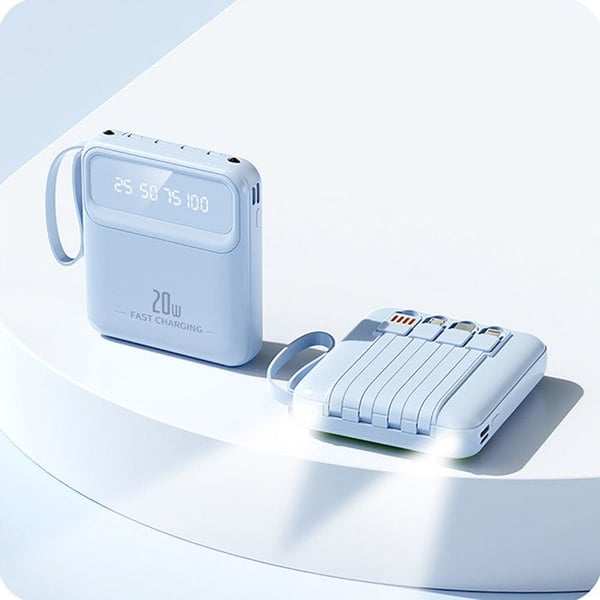 PowerBank 10000mAh - AVIZAR - Kompakt Blå - 20W - LED-skärm - Inbyggd Lampa