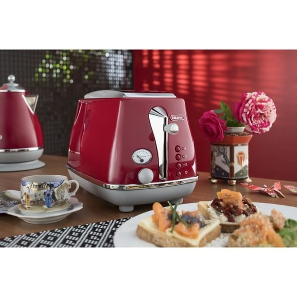 Leivänpaahdin DELONGHI ICONA CAPITALS 2 viipaletta - 900W - 3 toiminnon leivänpaahdin - Sisältää leivonnaisten lämmitysominaisuuden - Punainen