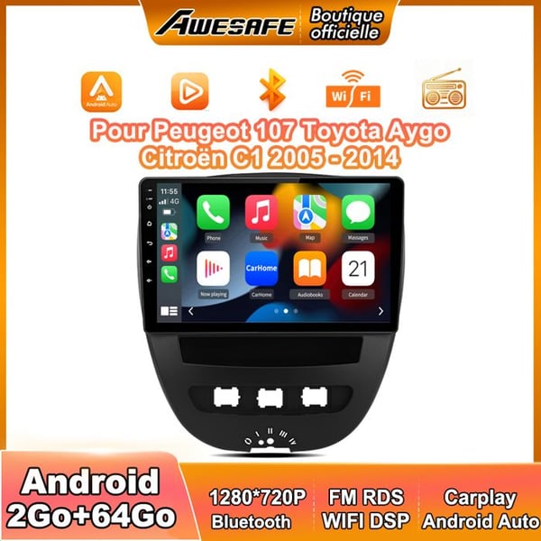 AWESAFE Autoradio Android 13 för Peugeot 107 Toyota Aygo Citroën C1 (2Go+64Go) 10'' Skärm med Carplay GPS WiFi Android Auto