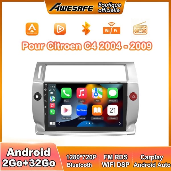 AWESAFE Autoradio Android 13 2Go+32Go för Citroen C4 (2004-2009) med 9'' pekskärm Carplay GPS WiFi USB Bluetooth Android Auto