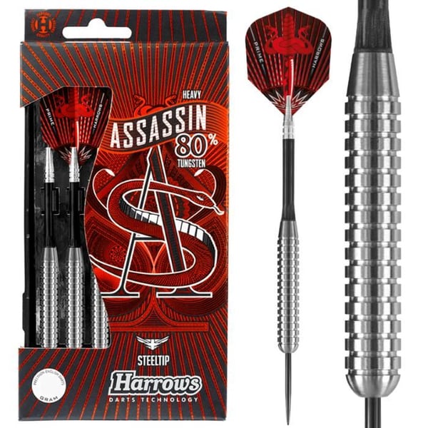 Stål dartpilar - HARROWS - Assassin - 80% tungsten - 27g till 40g - Hård fodral ingår