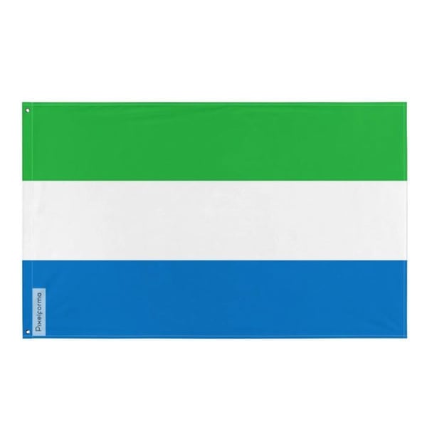 Sierra Leones flagga – 96 x 144 cm – Hållbar polyester – 2 metallögon – Inomhus / Utomhus – Pixelforma