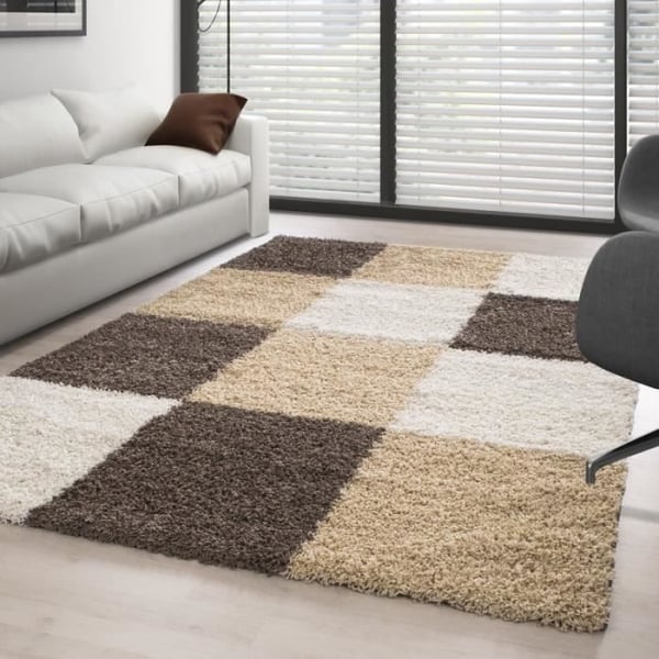 Tapis Shaggy - BRUN-BLANC-BEIGE - 120x170 cm - 100% PP - Lugg 30 mm - Rekttangulär