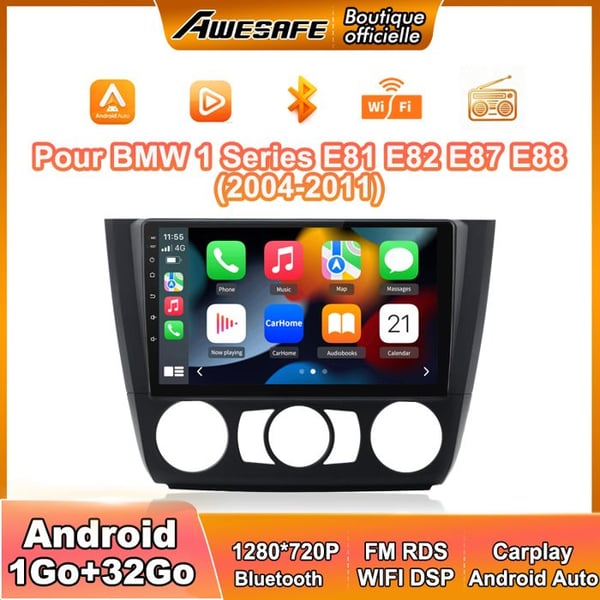AWESAFE Bilradio Android 13 för BMW 1 Series E81 E82 E87 E88 (2004-2011) 1Go+32Go 9 Tum Skärm Carplay Android Auto GPS WiFi