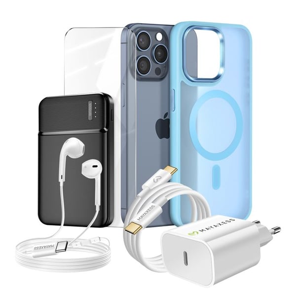 Komplett paket för iPhone 15 Pro Max Fodral, Glas, Laddare, Extern batteri, hörlurar (6 delar) Mayaxess Blå