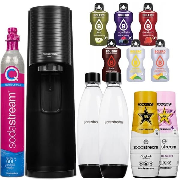 Soda-maskin - SodaStream - Terra - Svart - 2 flaskor 1L - 2 Rockstar siraper - 6 snabbdrycker
