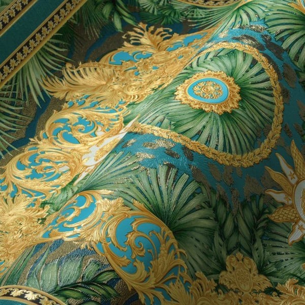 VERSACE TAPET Jungle design lyx 387032 Blå Guld Grön Palmträd Logotyp Medusa 10,05x0,70m Tillverkat i Tyskland