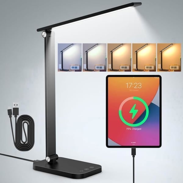 LED-bordslampa, 6W svart sladdlös skrivbordslampa, med 5 färglägen och dimbar ljusstyrka, ögonskydd USB-ljus