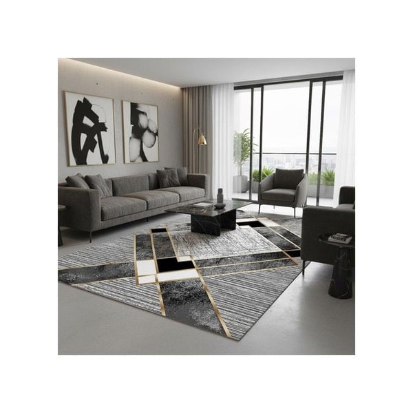 Matta - MELIS HOME - HD digitaltryck - Modern geometrisk - Grå och guld - Tvättbar halkfri