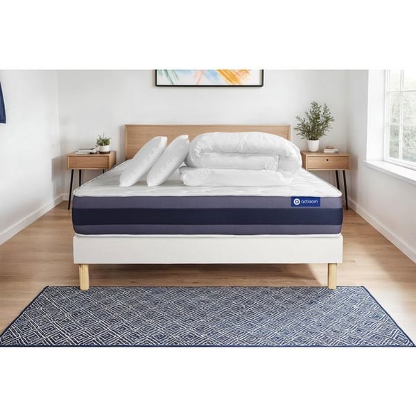 Komplett sängpaket 160x200 cm - Madrass + Sängbotten Vit (i kit) + 2 kuddar + Täcke - Actimemo Mo