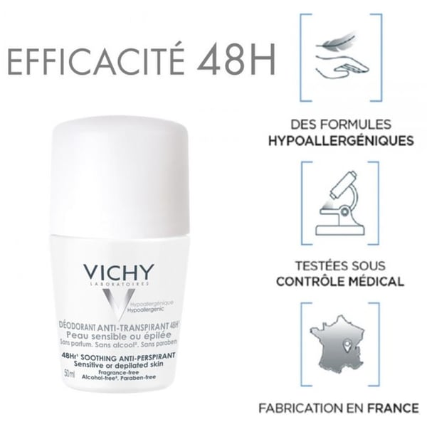 Vichy Deodorant Antiperspirant Känslig Hud 48h Roll-On Paket med 2 x 50ml