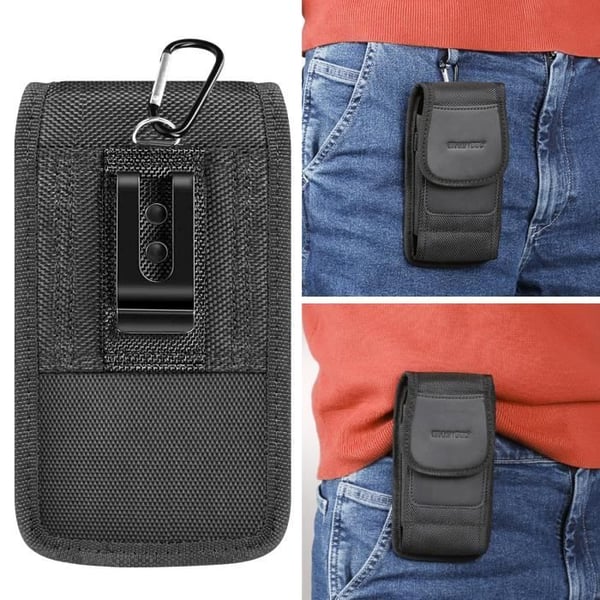 Vertikal smartphone nylon bälte väska med klämma och karbinhake storlek L svart